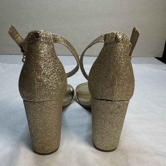 G by Guess Women’s Gold Glitter Ankle Strap Heels Size 8.5 Open Toe Dress Shoes - Picture 2 of 8